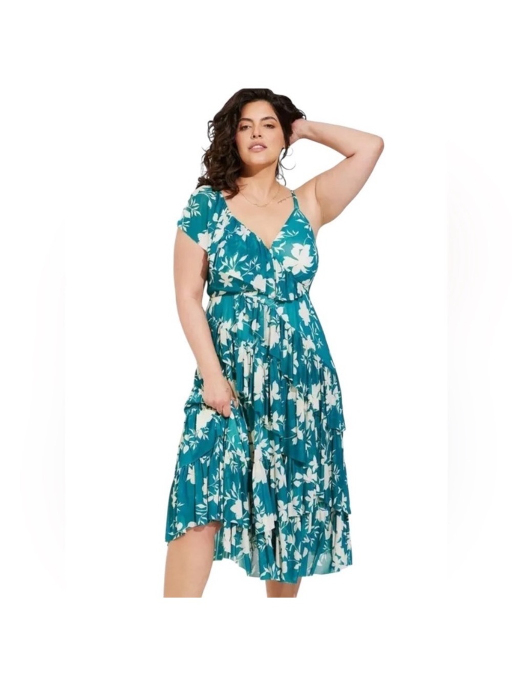 TORRID | Teal Floral V-Neck Tiered Midi Dress